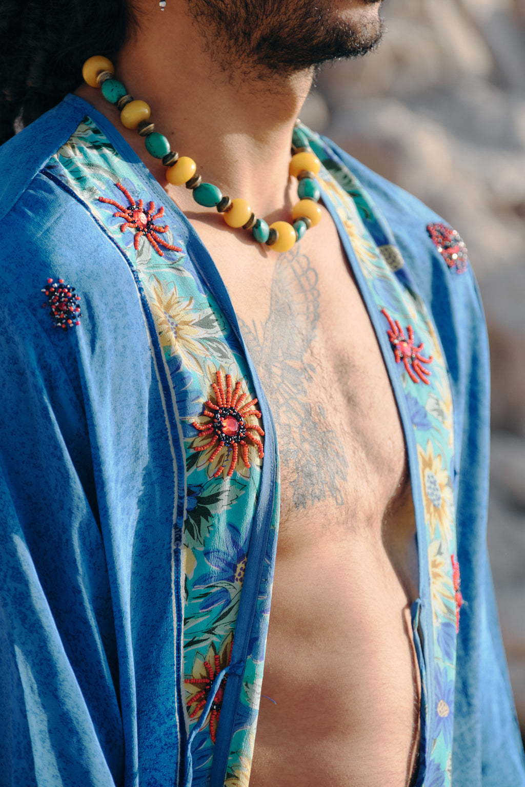 Unique unisex blue kimono coat with flowers