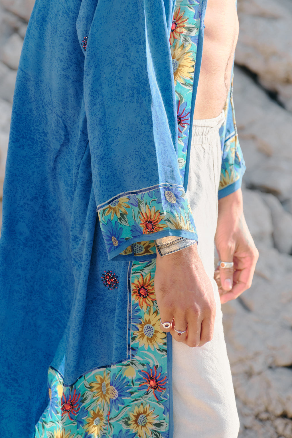 One of a kind blue and flowers unisex kimono coat
