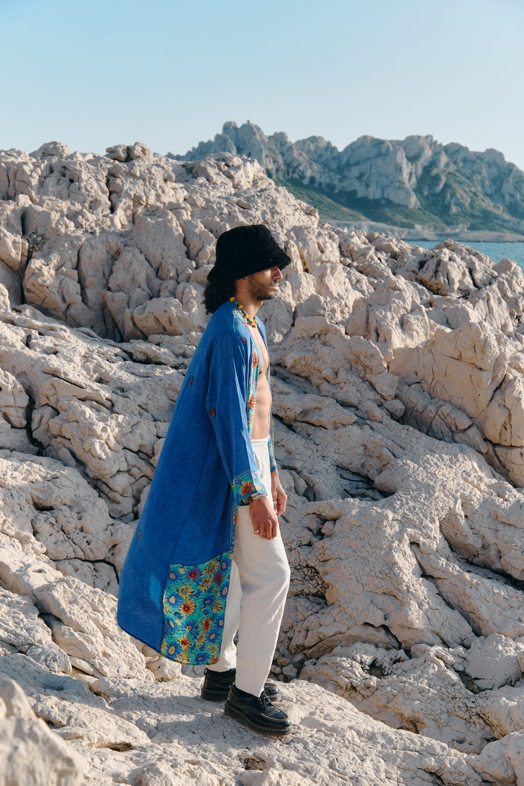 One of a kind blue and flowers unisex kimono coat