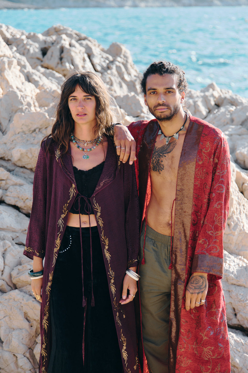 Burgundy silk hooded kimono with gold embroidery