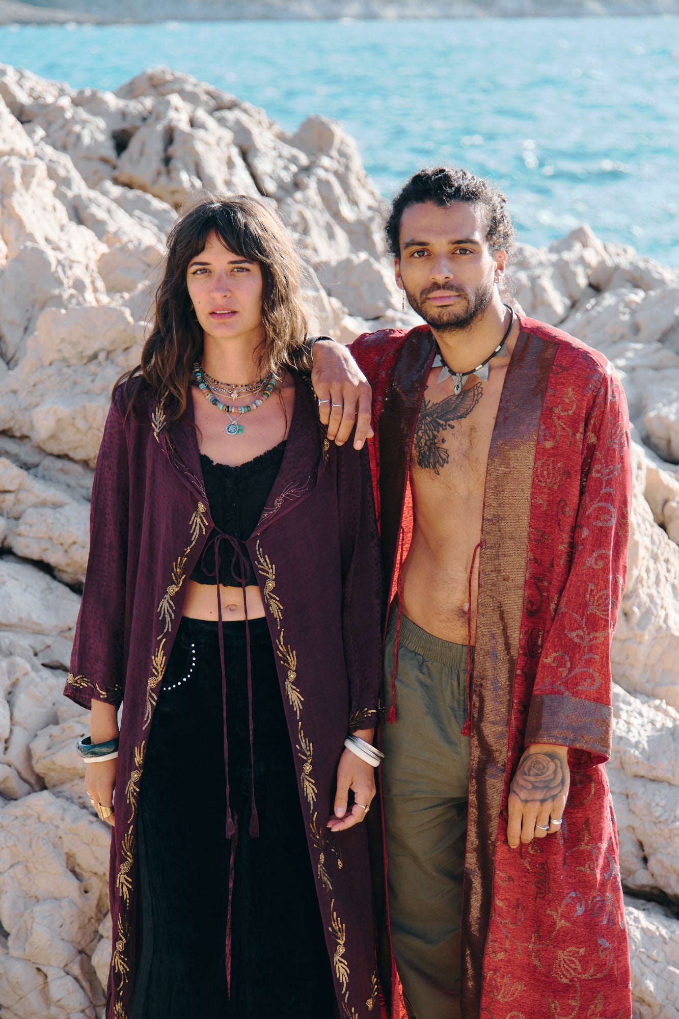 Burgundy silk hooded kimono with gold embroidery