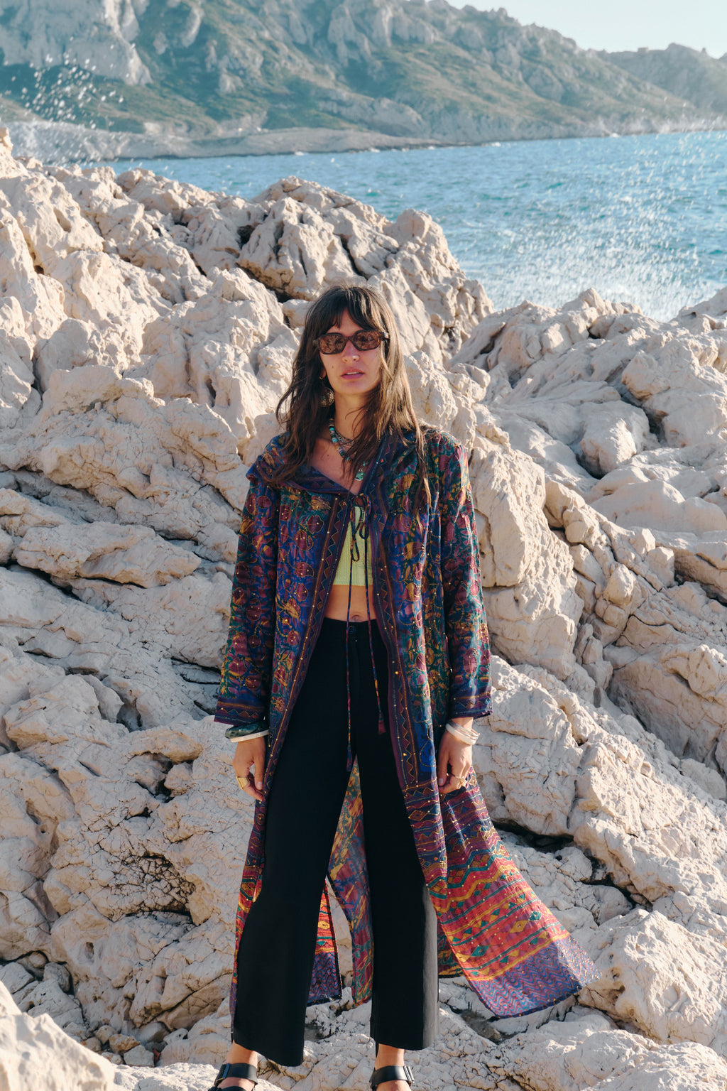 flowers and leaves design colorful silk hooded kimono