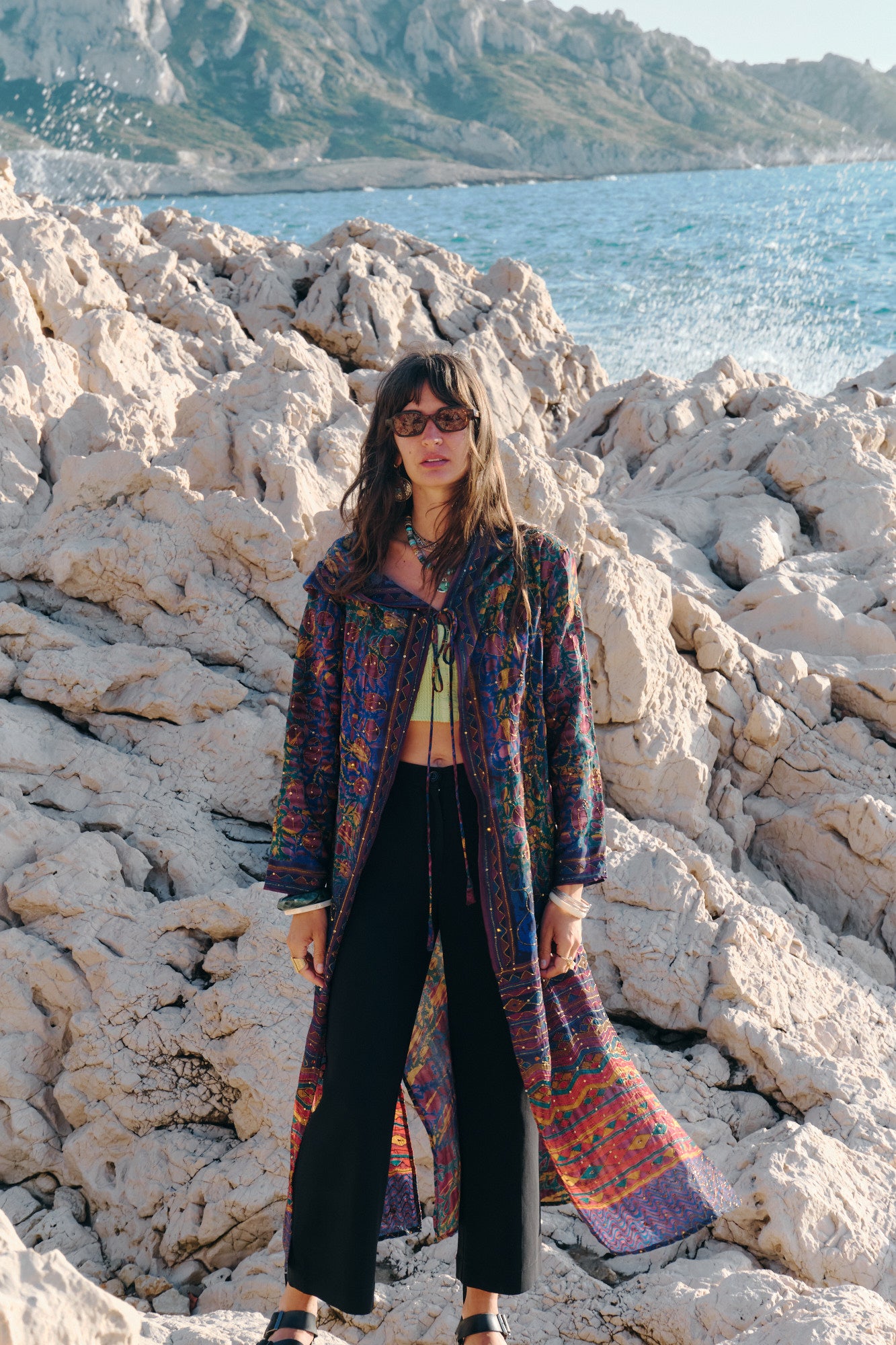 flowers and leaves design colorful silk hooded kimono