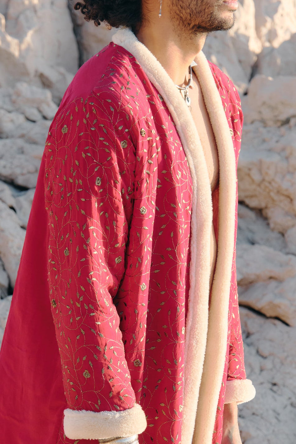 Red fur coat with embroideries