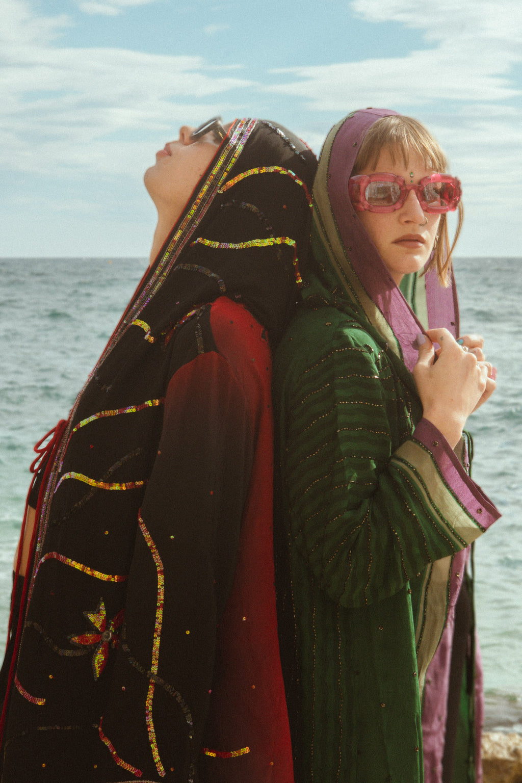 Unisex silk upcycled embroidered kimono  two women