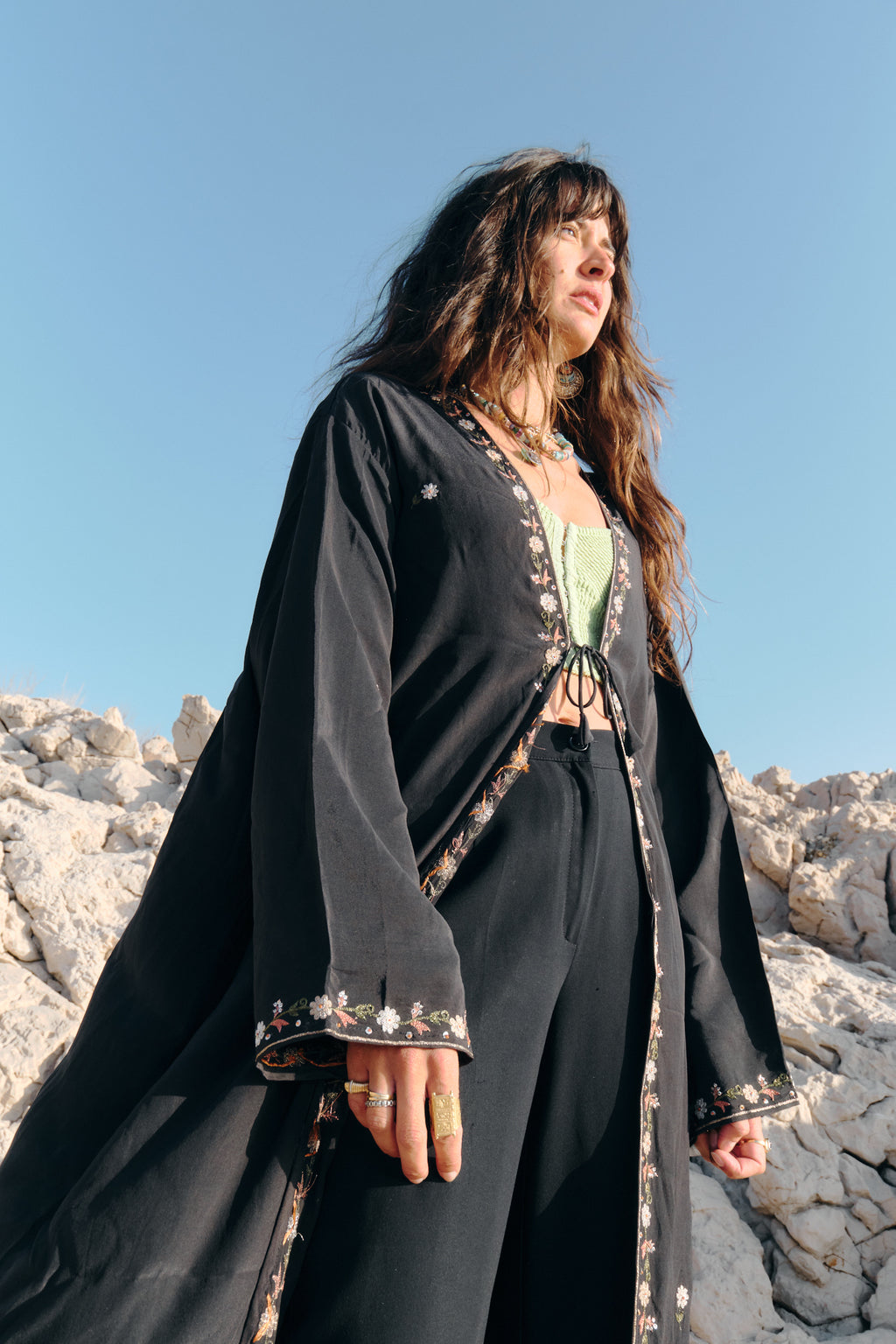 Unique Creation Black and Flowers embroidered silk kimono