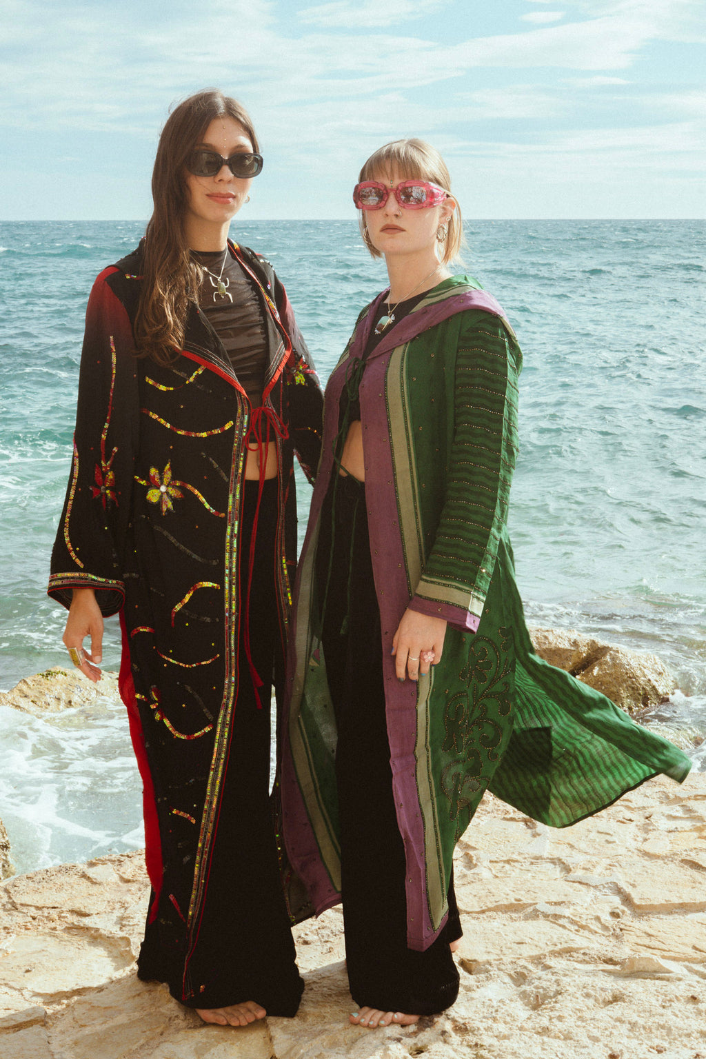 Dark green hooded silk kimono coat