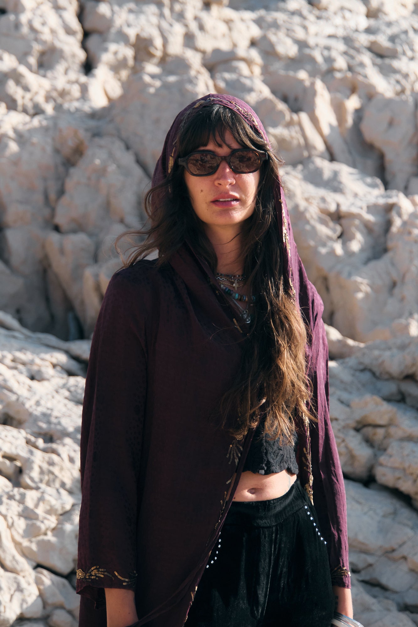 Burgundy silk hooded kimono with gold embroidery