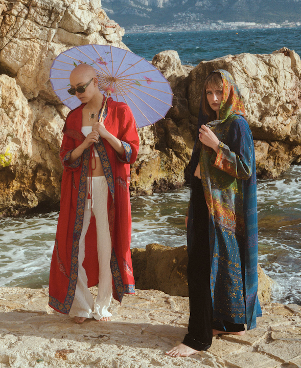 Two persons wearing silk hooded kimono upcycled jacket