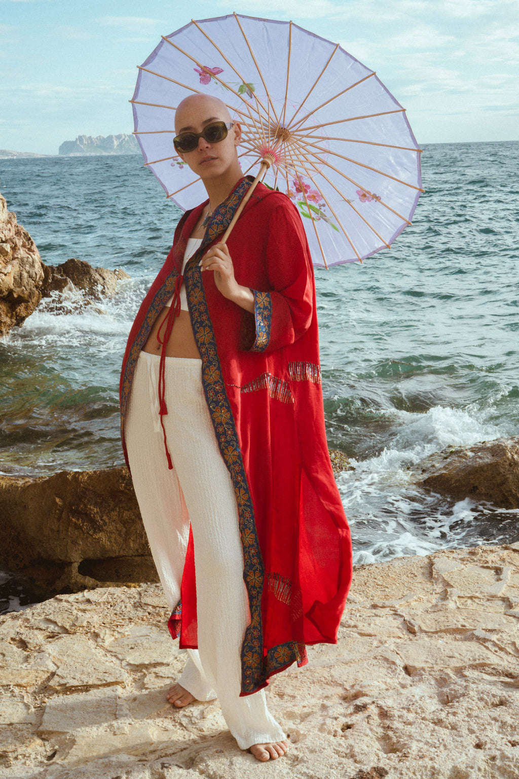 Vibrant red silk hooded kimono upcycled jacket