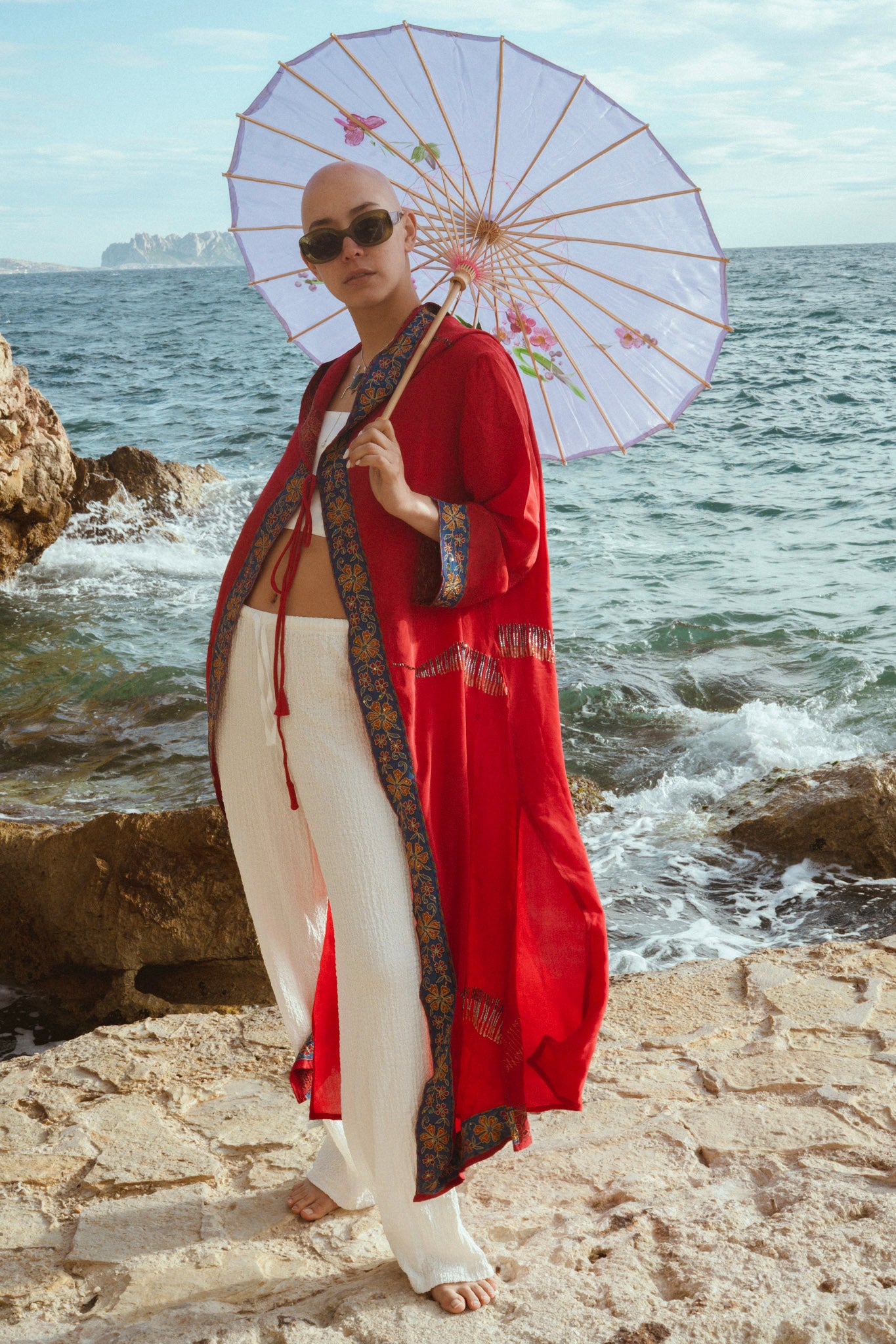 Vibrant red silk hooded kimono upcycled jacket