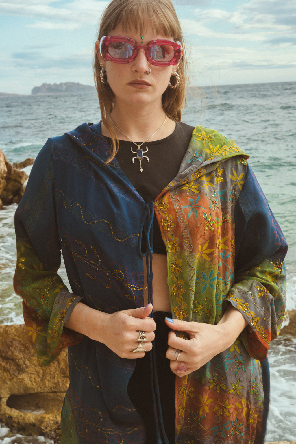 Rainbow patchwork silk jacket kimono with embroidery