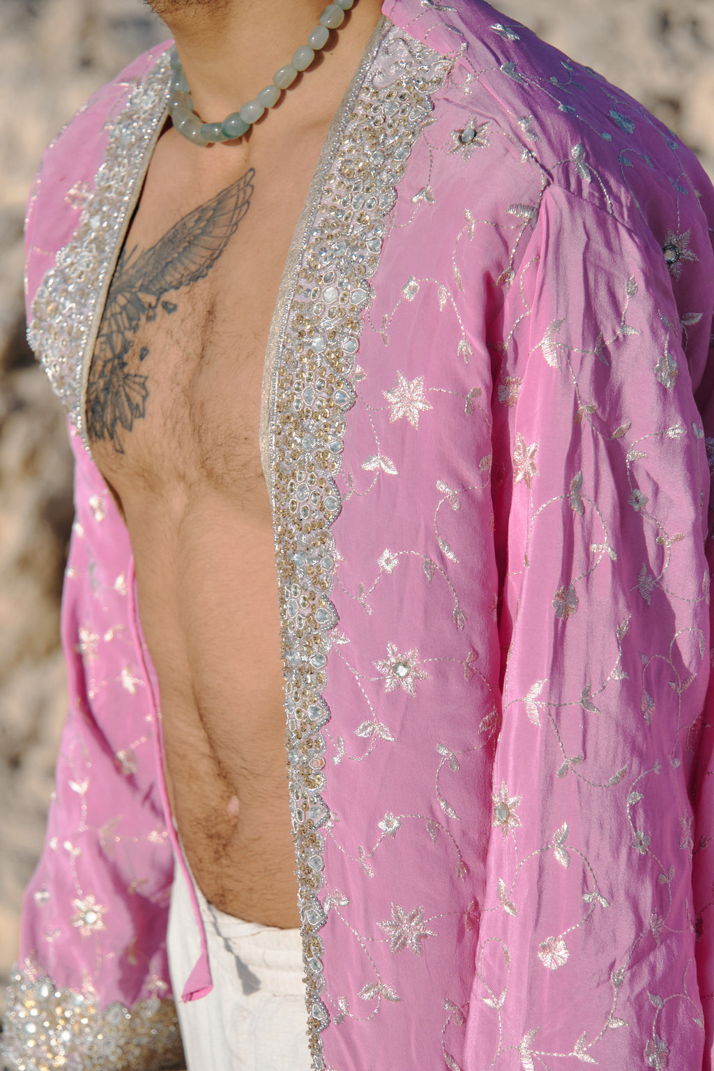 Yayavara Creation The eternal upcycled sari pink silk kimono and embroideries