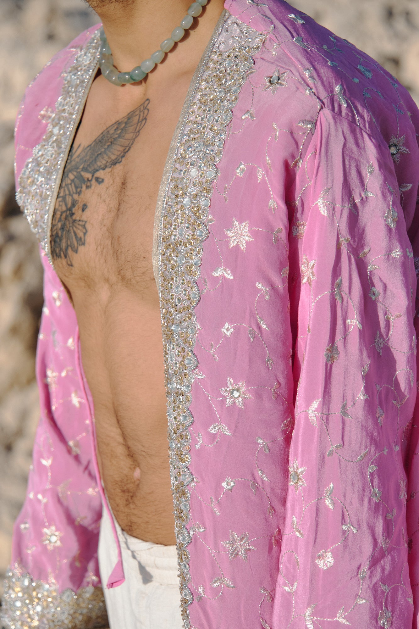 Yayavara Creation The eternal upcycled sari pink silk kimono and embroideries
