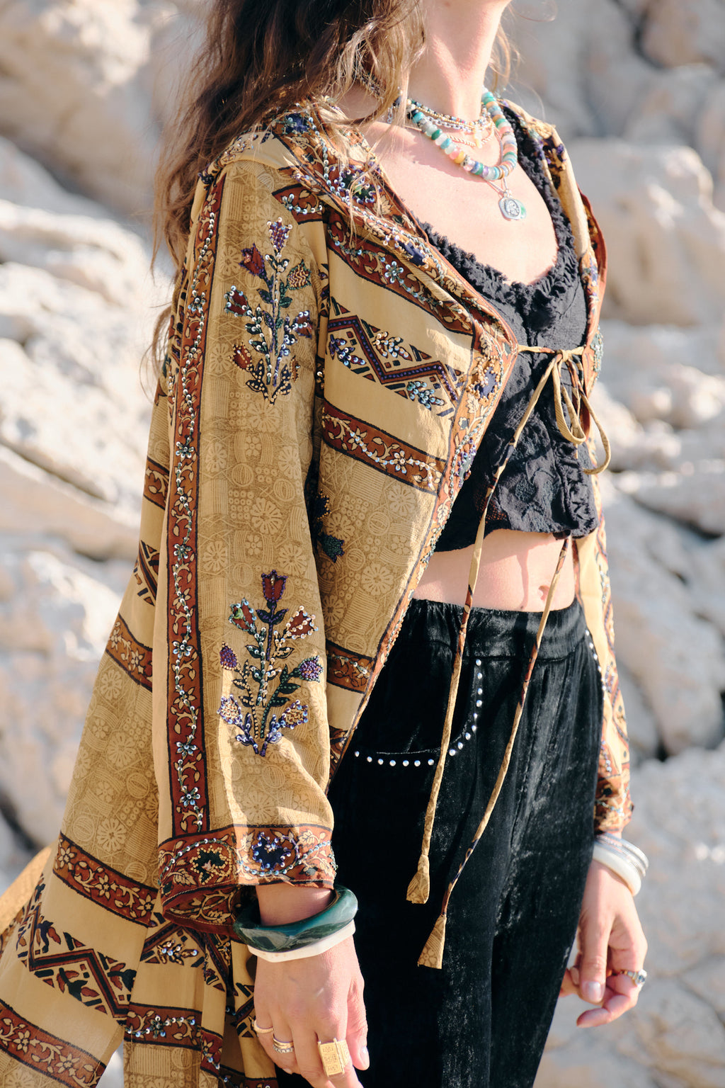 Yayavara Creation The unique Desert sun unisex beige brown silk hooded kimono