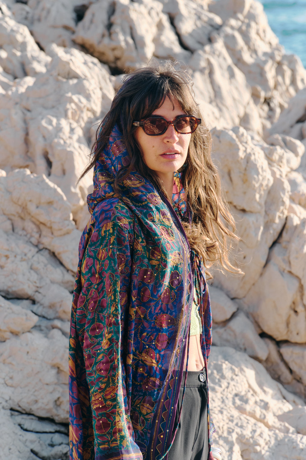 flowers and leaves design colorful silk hooded kimono