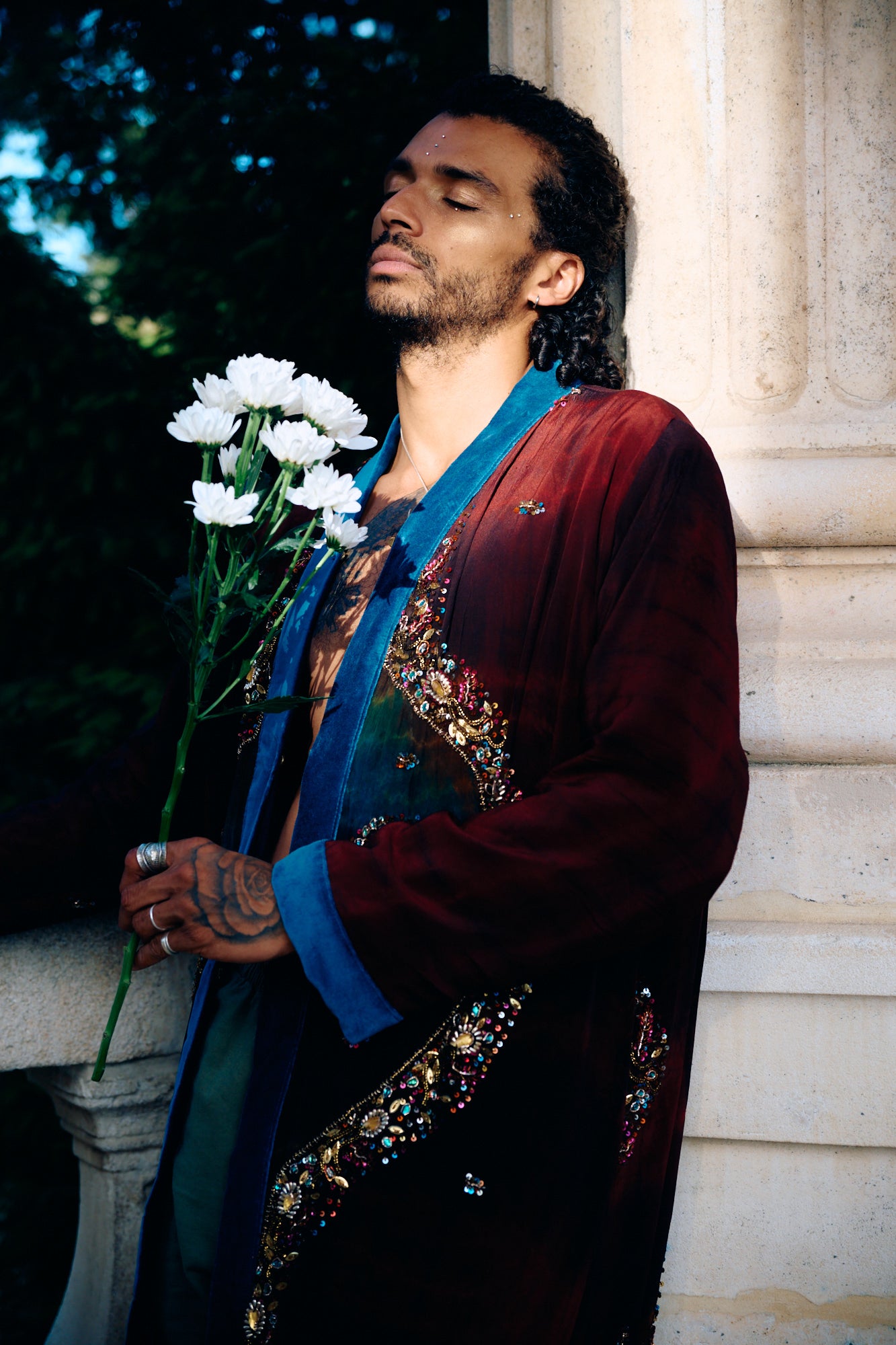  The Ceremonial long silk coat  long sleeves with cotton velvet lining one of a kind and unique piece of garment, conscious creation, sustainable fashion man wearing the coat by Yayavara Creation