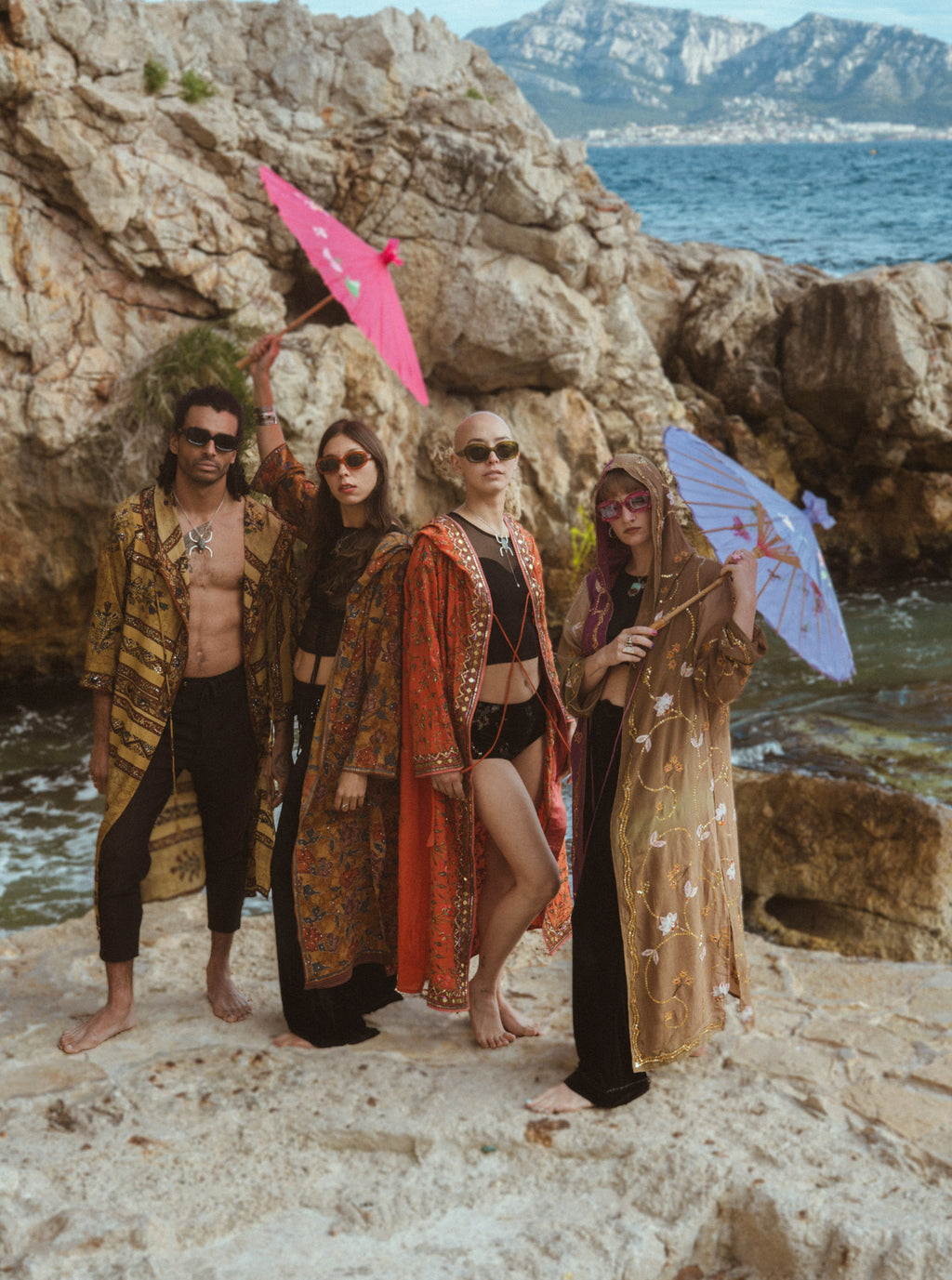 Group of  people wearing hooded silk jacket embroidery