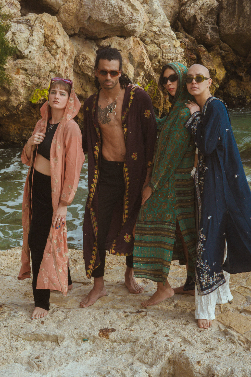Group wearing Silk kimono embroidery upcycled silk jacket 