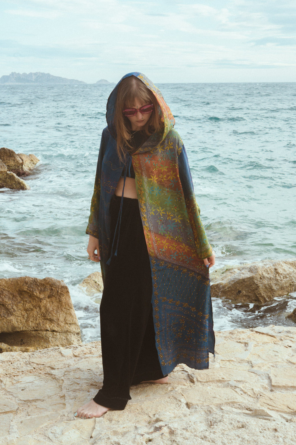 Rainbow patchwork silk jacket kimono with embroidery