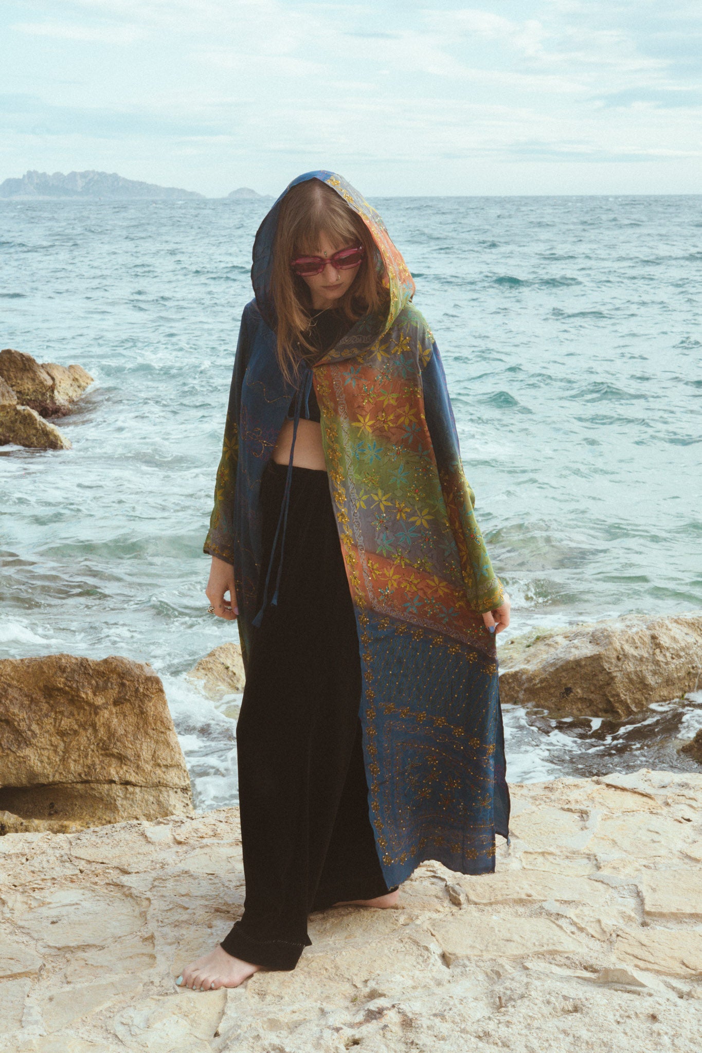Rainbow patchwork silk jacket kimono with embroidery