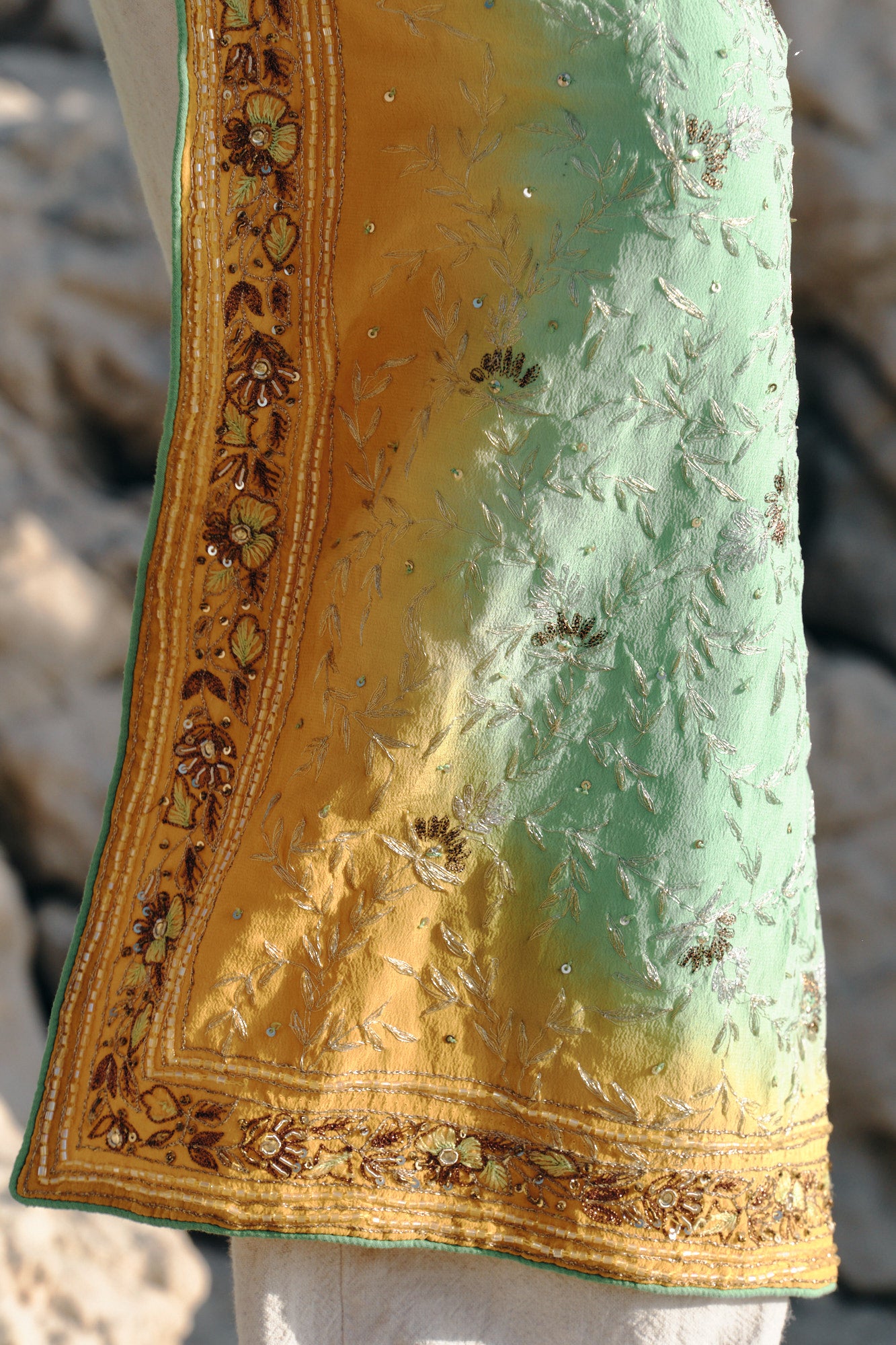 Green and yellow long silk kimono unisex