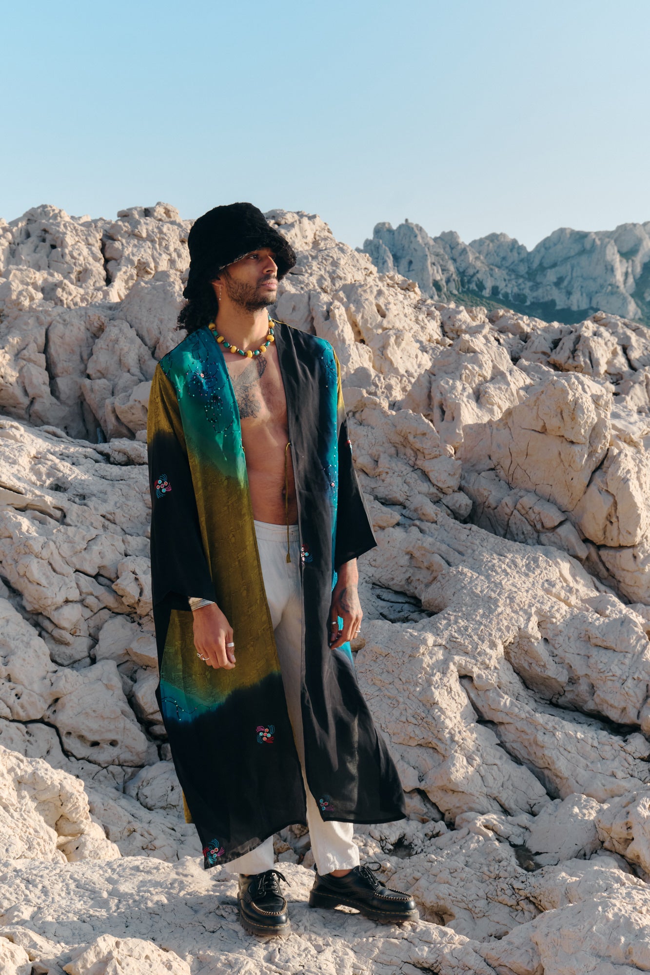 Long silk kimono mustard black and turquoise with flowers