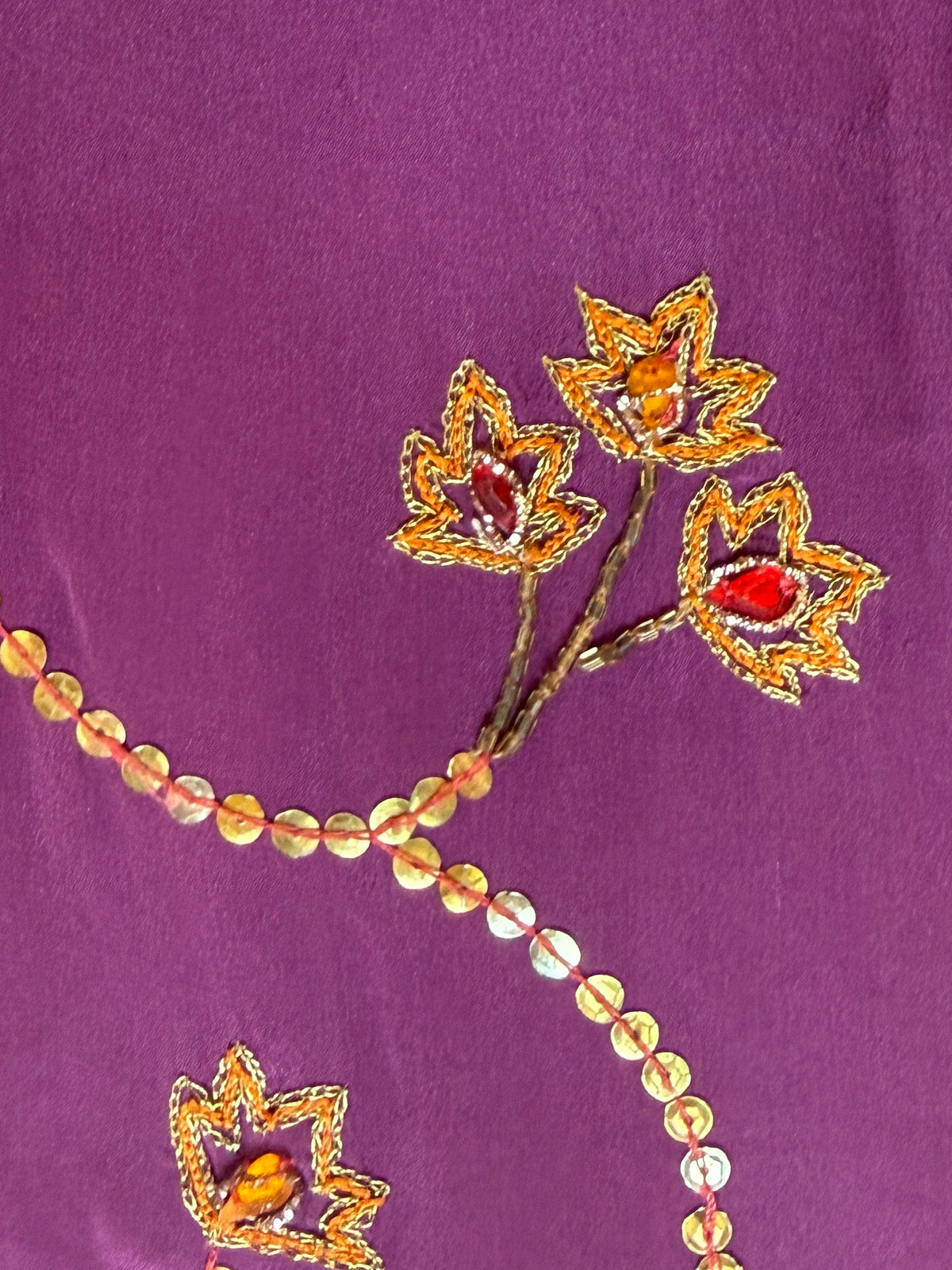 Embroidery and material detail, natural silk, beige and purple, Yayavara Creation