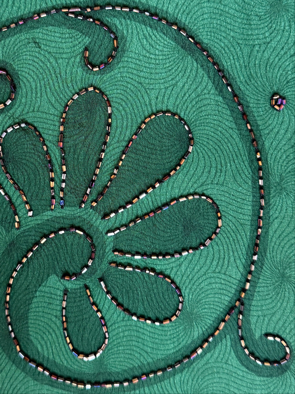 Embroidery and material detail, natural silk and pearls, green and violet, Yayavara Creation